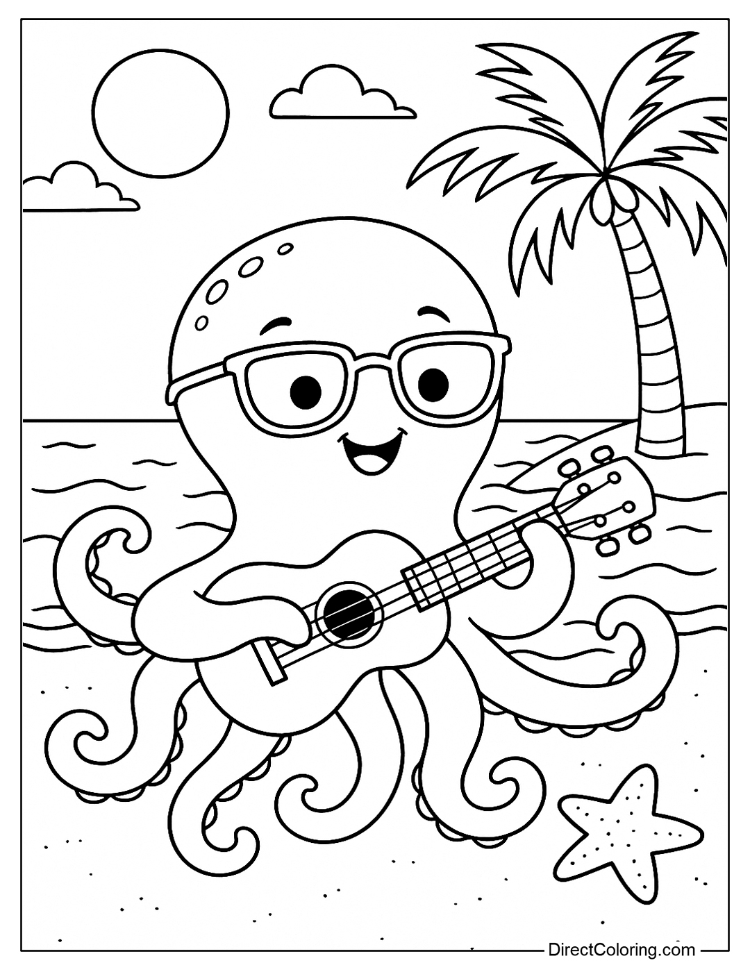 a beach coloring page with an octopus wearing glasses playing the ukulele happily.